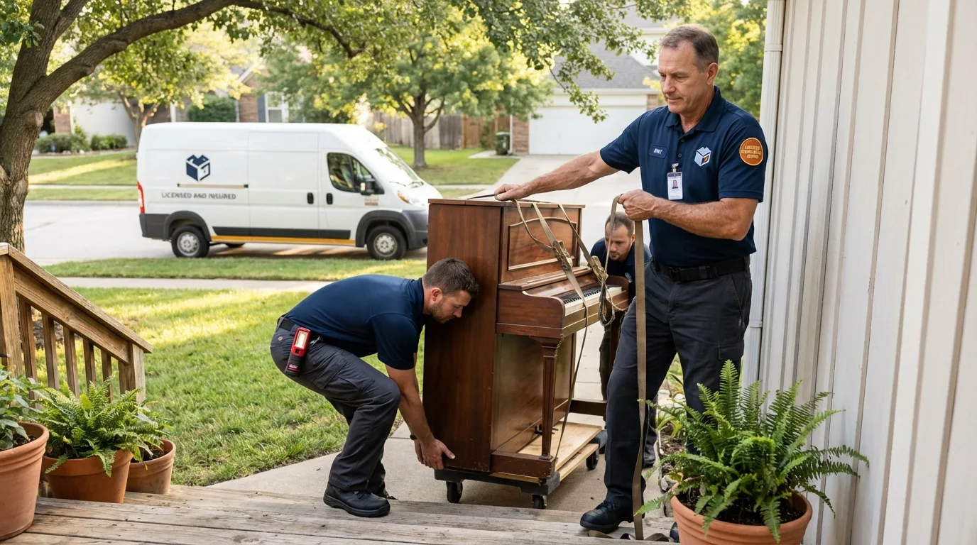 Licensed piano movers securing grand piano in Lodi, WI