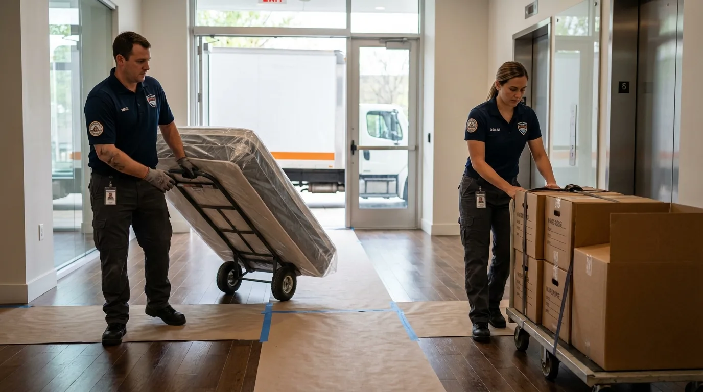 Professional apartment movers loading elevator in Lodi, WI
