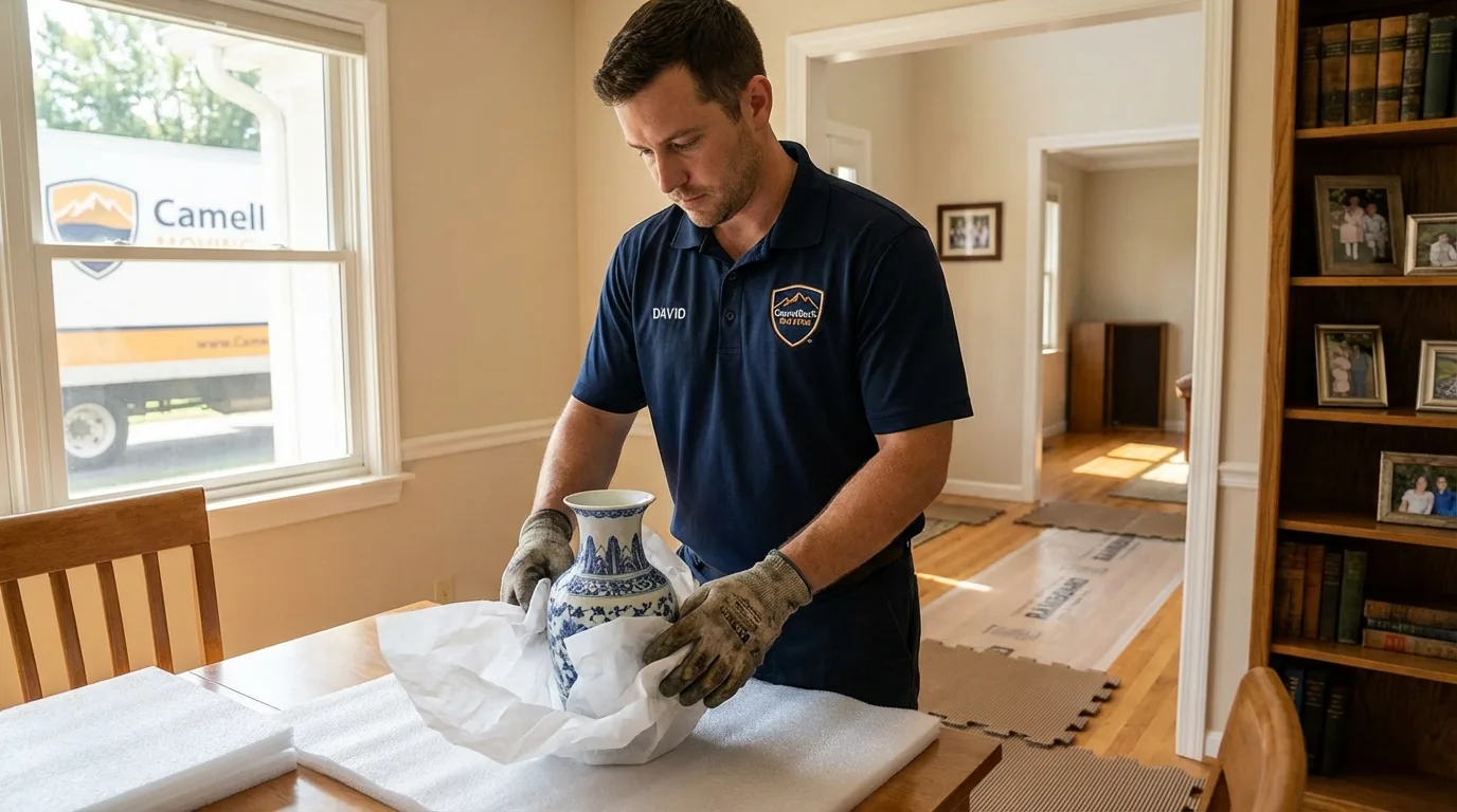 Professional crew carefully wrapping antique vase for senior downsizing move in Lodi, WI